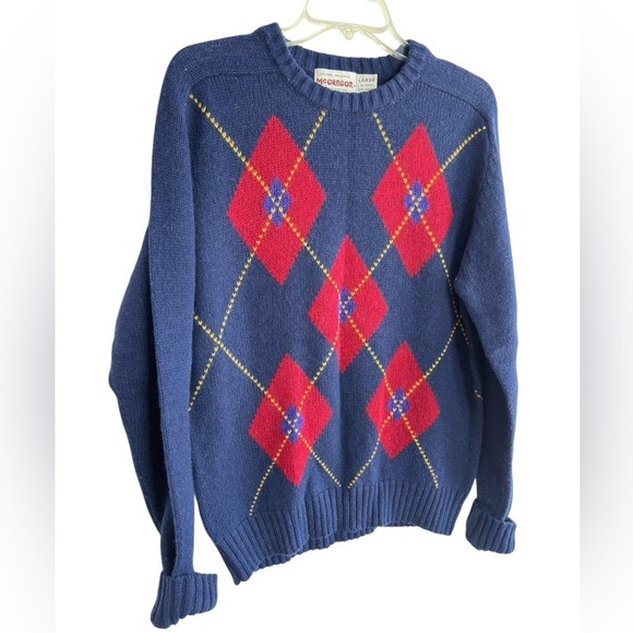 Vintage 80s McGregor Sweater Blue Red Argyle Crewneck Wool Mens Large USA Made - Picture 3 of 12